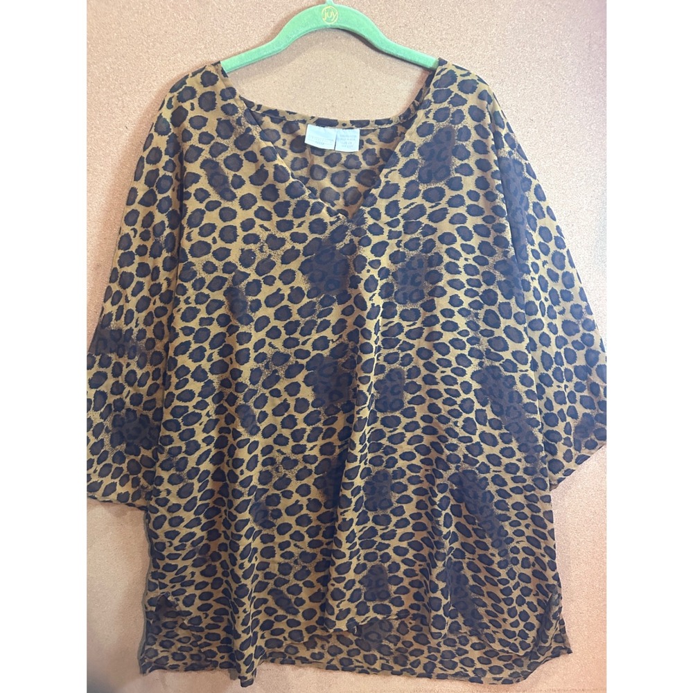 Studio C Plus Leopard Print Blouse Womens 26-28 Brown Sheer V-Neck‎ Tunic Top